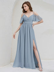 Dusty Blue Chiffon A Line Spaghetti Straps Ruffle Sleeves Floor Length Bridesmaid Dress