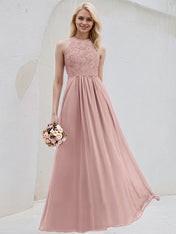 Dusty Rose A-Line Scoop Floor-Length Lace Chiffon Bridesmaid Dress