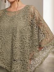 Army Green Women Lace Crew Neck Sleeve Chiffon Two-Piece Set