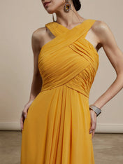 Yellow Pleated Cross Neck Sleeveless A-Line Maxi Chiffon Bridesmaid Dress