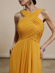 Yellow Pleated Cross Neck Sleeveless A-Line Maxi Chiffon Bridesmaid Dress