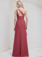 Desert Rose Chiffon A Line One Shoulder Sleeveless Floor Length Bridesmaid Dress
