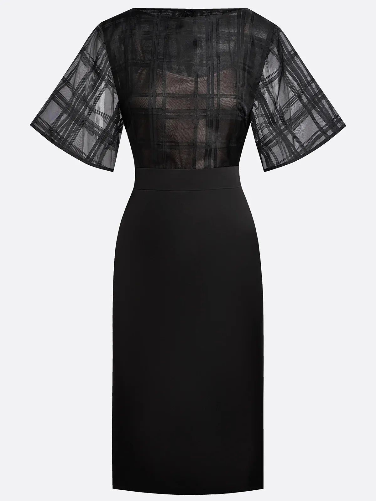 Black Mesh Classic Boat Neck Half Sleeve Dolman Sleeve Sheath Midi Dress