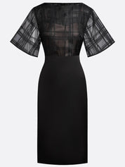 Black Mesh Classic Boat Neck Half Sleeve Dolman Sleeve Sheath Midi Dress