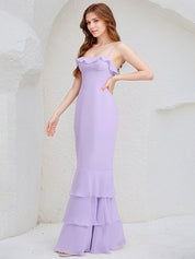 Lilac Chiffon Spaghetti Straps Sleeveless Floor Length Bridesmaid Dress With Cascading Ruffles
