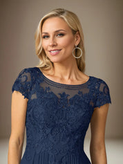 A Line Chiffon Scoop Neck Short Sleeves Floor Length Pleated Mother of the Bride Dresses With Appliques