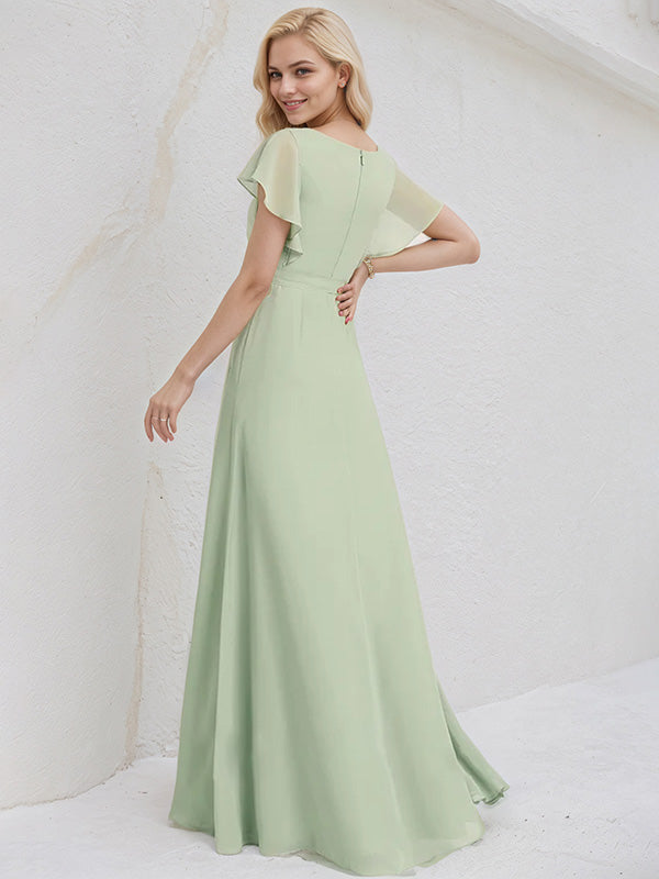 Celadon Chiffon A Line V Neck Ruffle Sleeves Floor Length Bridesmaid Dress