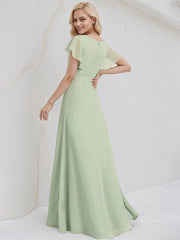 Celadon Chiffon A Line V Neck Ruffle Sleeves Floor Length Bridesmaid Dress