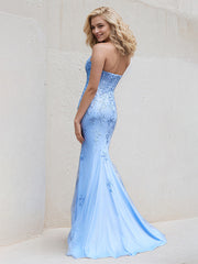 Blue Tulle Halter Neck Sleeveless Floor Length Bridesmaid Dress With Appliques