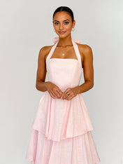 Pink Chiffon A Line Halter Neck Sleeveless Ankle Length Bridesmaid Dresses