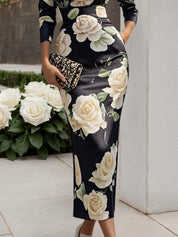 Black Floral V Neck Long Sleeve Sheath Midi Satin Dress