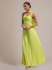 Green Chiffon A Line Off The Shoulder Sleeveless Floor Length Pleated Dress