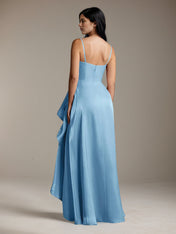 Mint Blue Satin A Line Off The Shoulder Sleeveless Floor Length Bridesmaid Dress With Ruffles