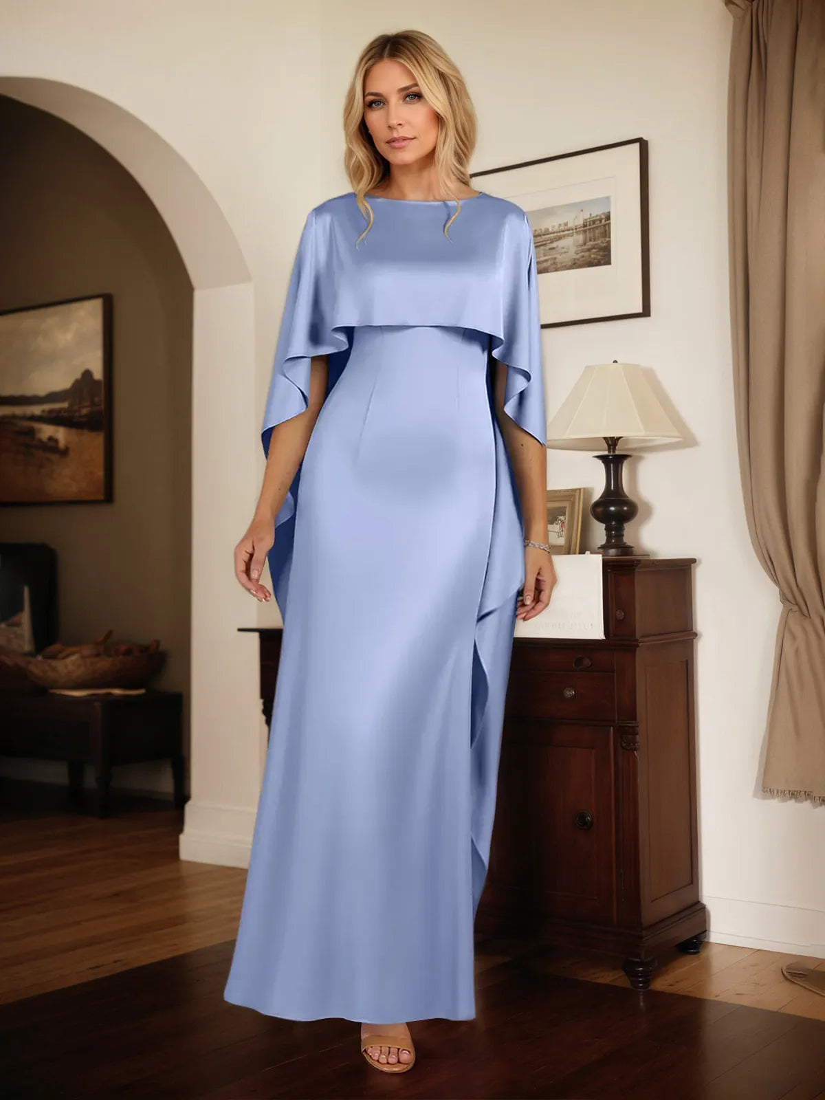 Sheath/Column Stretch Crepe Boat Neck Cape Sleeves Floor Length Dress