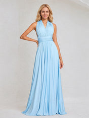 Sky Blue Chiffon A Line Halter Neck Floor-Length Sleeveless Bridesmaid Dress