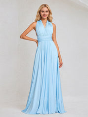 Sky Blue Chiffon A Line Halter Neck Floor-Length Sleeveless Bridesmaid Dress
