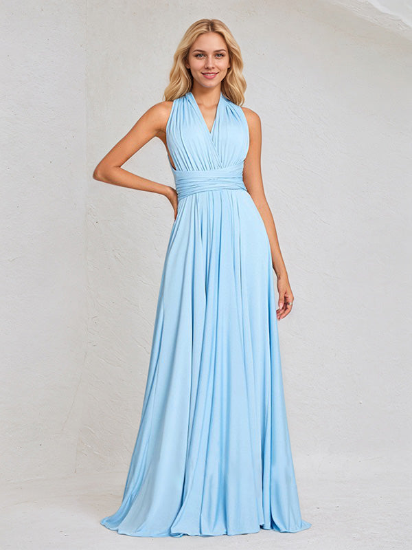 Sky Blue Chiffon A Line Halter Neck Floor-Length Sleeveless Bridesmaid Dress