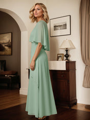A Line Sage Chiffon Scoop Neck Cape Sleeves Floor Length Dress