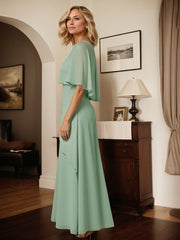 A Line Sage Chiffon Scoop Neck Cape Sleeves Floor Length Dress