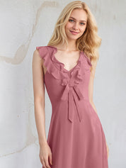 Desert Rose Chiffon A Line V Neck Sleeveless Floor Length Bridesmaid Dress With Ruffle