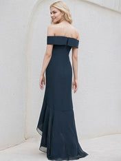 Dark Navy Chiffon Trumpet/Mermaid Off the Shoulder Asymmetrical Chiffon Bridesmaid Dress
