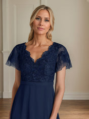 A Line Chiffon V Neck Short Sleeves Floor Length Mother of the Bride Dresses