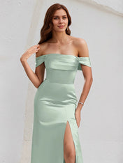 Agave Satin Trumpet/Mermaid Off the Shoulder Floor Length Bridesmaid Dress