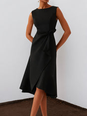 Black Sleeveless Midi Elegant A-line Dress with Waist Twist for Day-to-Night