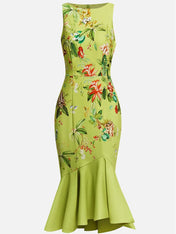 Green Floral Boat Neck Sleeveless Mermaid Midi Dress