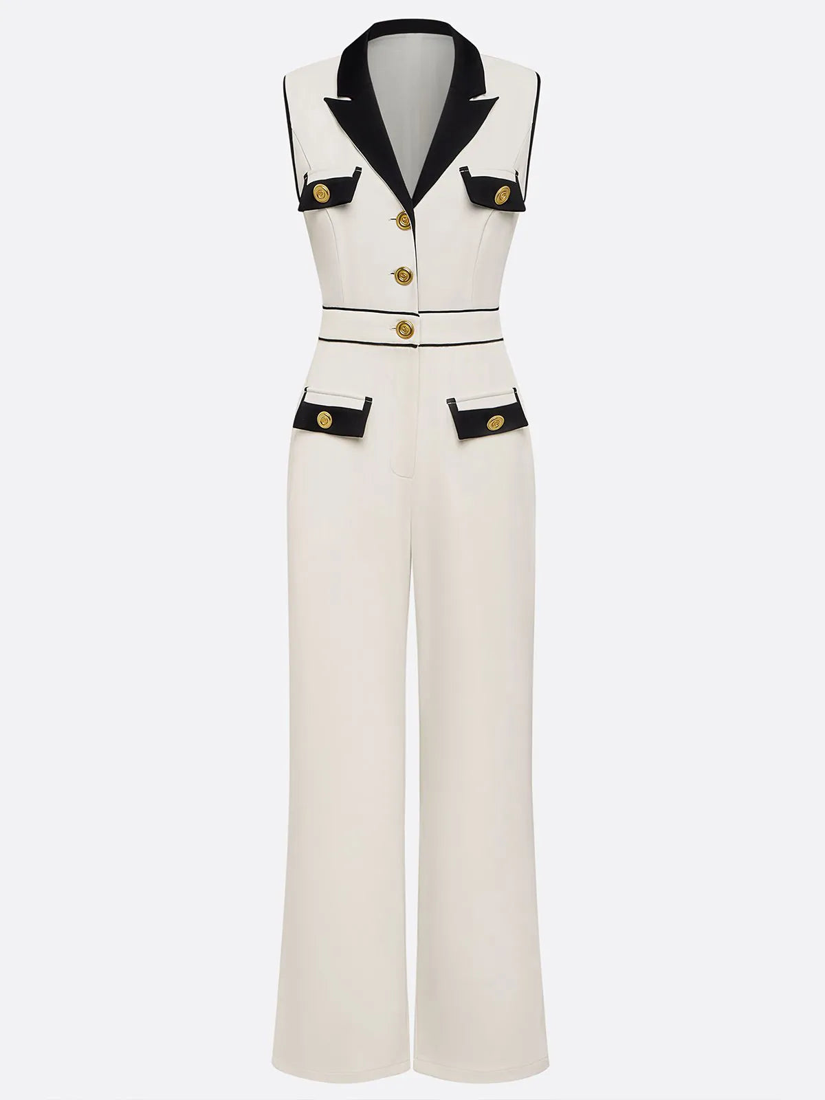 Women Off White Buckle Lapel Collar Sleeveless Dressy Jumpsuit