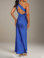 Cobalt Blue Satin Sheath/Column One shoulder Ankle Length Bridesmaid Dresses
