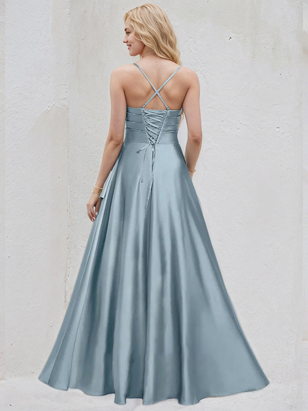 Dusty Blue Satin A Line Spaghetti Straps Sleeveless Asymmetrical Bridesmaid Dress