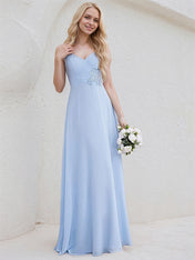 Sky Blue Chiffon A Line Spaghetti Straps Sleeveless Floor Length Bridesmaid Dress With Applique