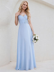 Sky Blue Chiffon A Line Spaghetti Straps Sleeveless Floor Length Bridesmaid Dress With Applique