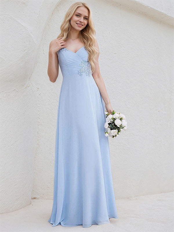 Sky Blue Chiffon A Line Spaghetti Straps Sleeveless Floor Length Bridesmaid Dress With Applique