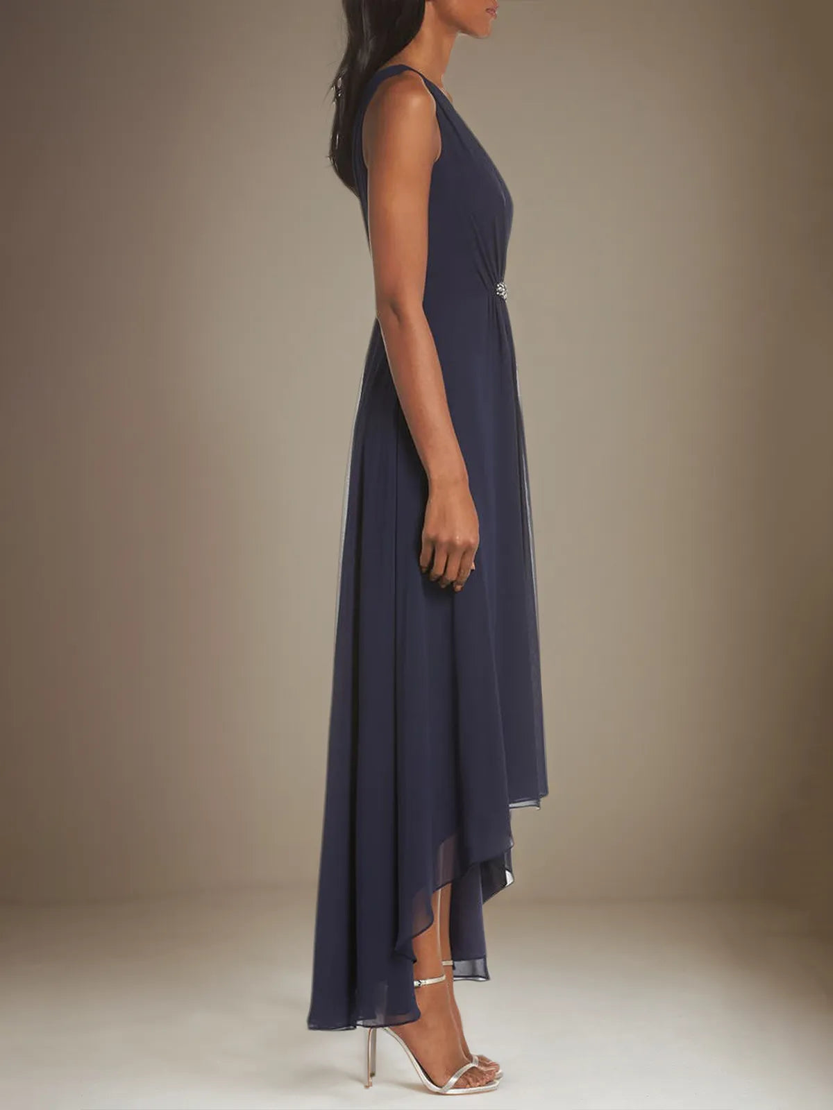 A Line Chiffon V Neck Sleeveless Asymmetrical Dress With Rhinestones