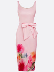 Pink Bow Floral Square Neck Sheath Midi Satin Dress