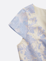 Blue Organza Bow Jacquard Hotfix Embellished Classic V Neck Short Sleeve Mermaid Midi Dress