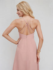 Dusty Rose Chiffon A Line Halter Neck Sleeveless Asymmetrical Bridesmaid Dress