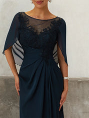 Purplish blue Lace Chiffon Boat Neck Short Sleeve A-Line Maxi Dress
