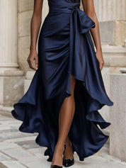 Midnight Elegance Satin Halter Ruffle Gown