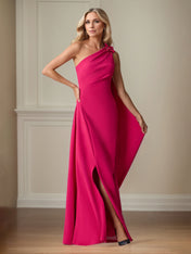 Lipstick Stretch Crepe Sheath/Column One Shoulder Floor Length Mother of the Bride Dresses