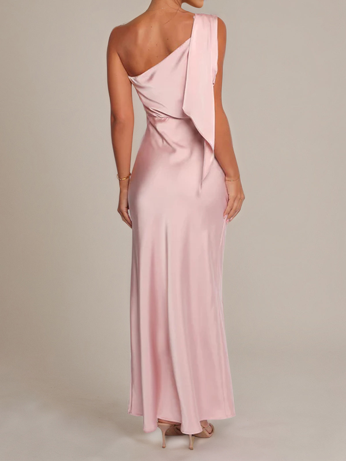 Pale Pink Satin Sheath/Column One Shoulder Ankle Length Bridesmaid Dresses