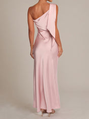 Pale Pink Satin Sheath/Column One Shoulder Ankle Length Bridesmaid Dresses