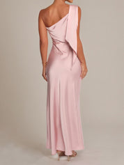 Pale Pink Satin Sheath/Column One Shoulder Ankle Length Bridesmaid Dresses