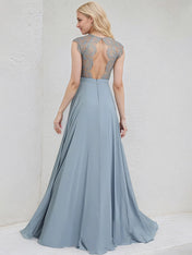 Dusty Blue Chiffon A Line Scoop Sleeveless Floor Length Bridesmaid Dress With Appliques