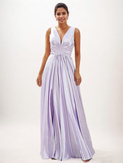 Lilac A-Line Satin Ruffles V-Neck Sleeveless Floor-Length Bridesmaid Dresses