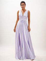 Lilac A-Line Satin Ruffles V-Neck Sleeveless Floor-Length Bridesmaid Dresses