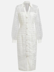 White Shirt Dress Shirt Collar Long Sleeve Balloon Sleeve Sheath Midi Dress