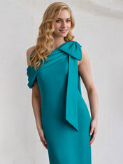 Aqua Blue Chiffon One Shoulder Sleeveless Floor Length Dress With Bow